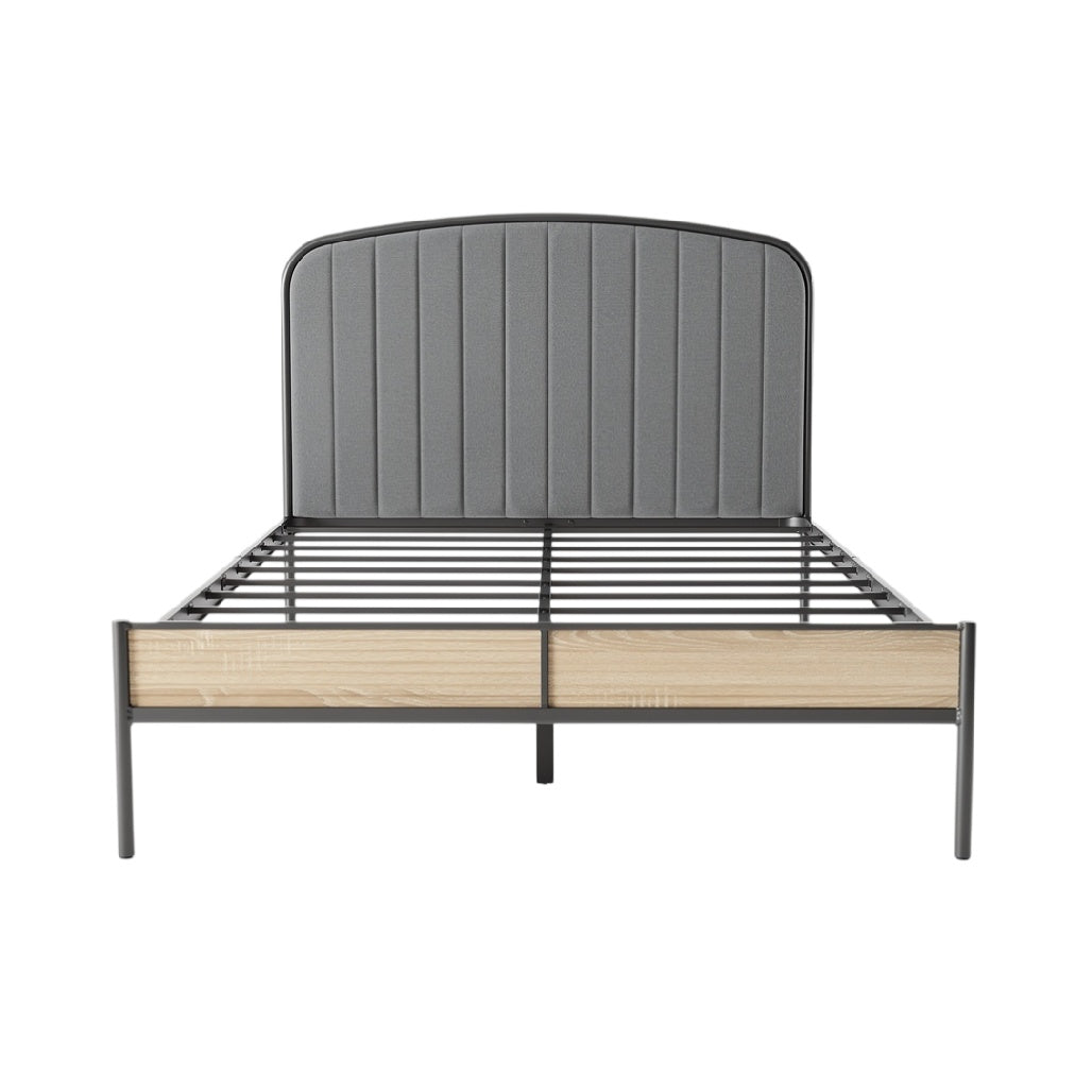 Modern Metal and Wood Bed Frame with Upholstered Headboard